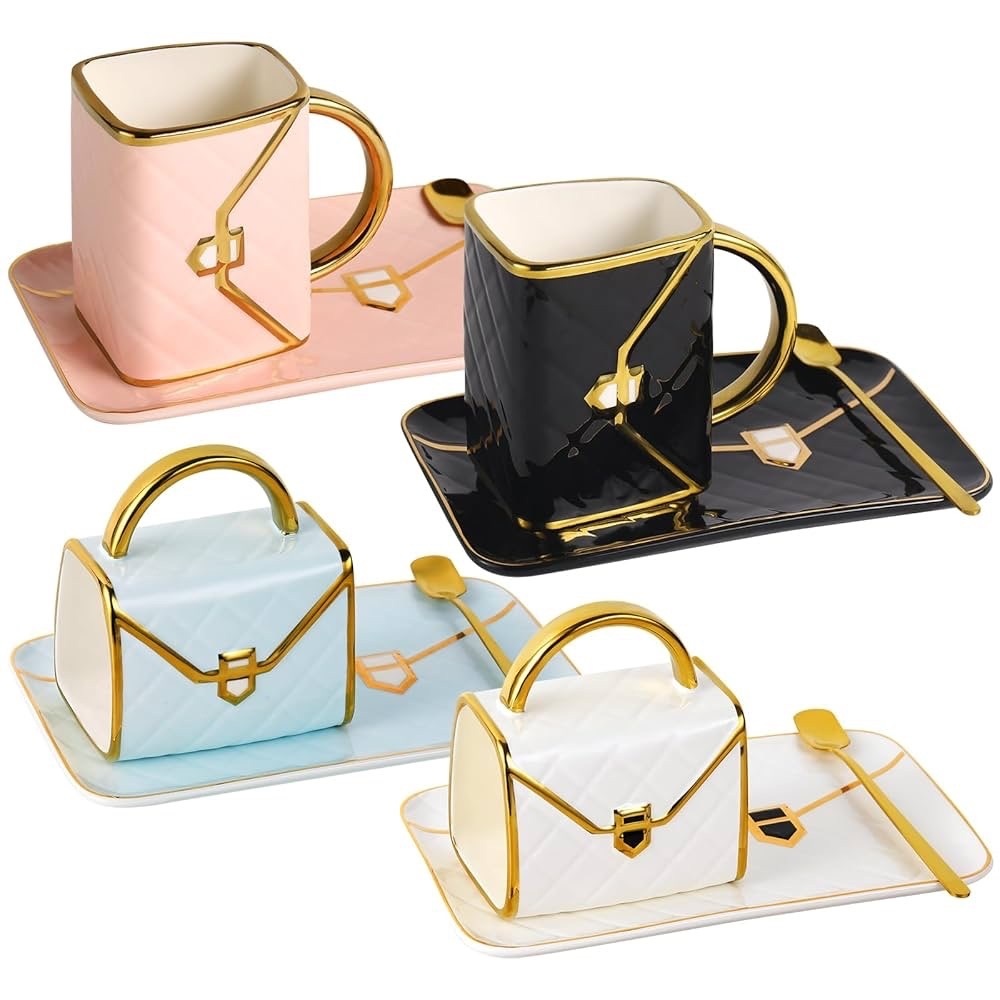 Elegant Mug and Tray Set with Gold Accents